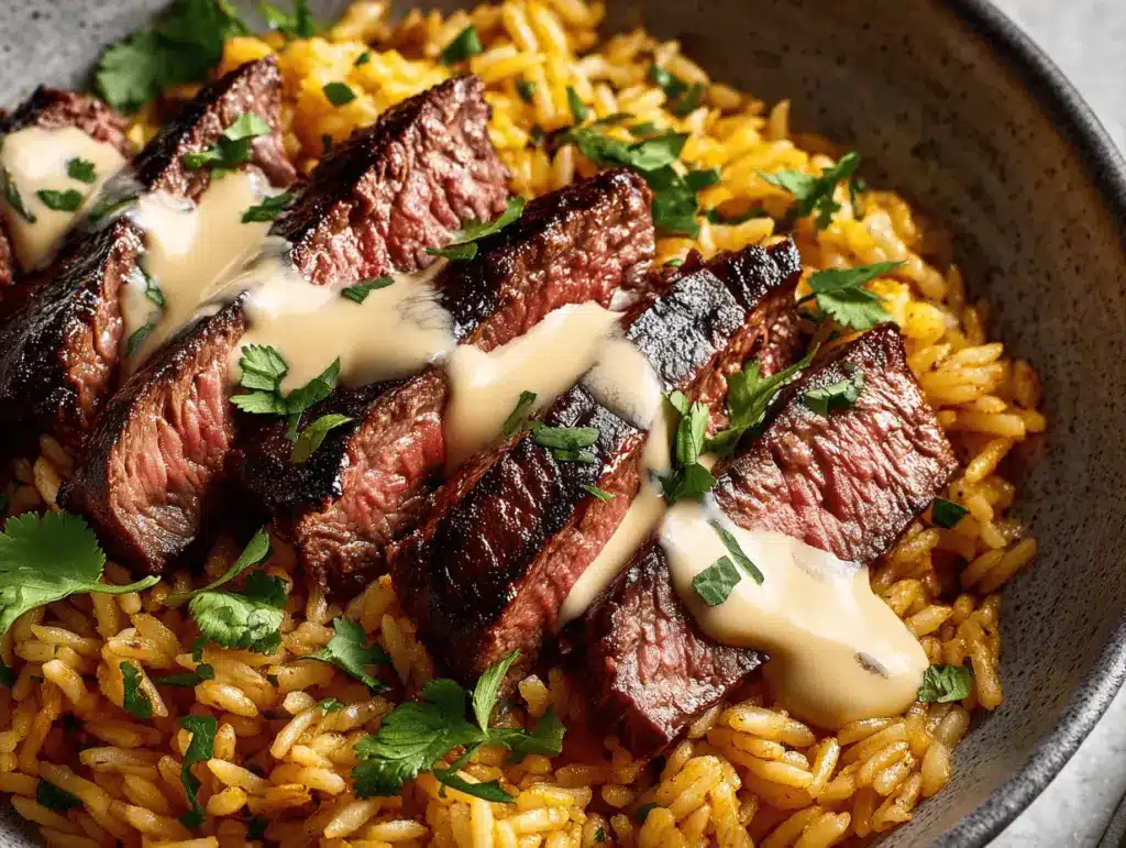 cheesy steak queso rice bowl - featured image