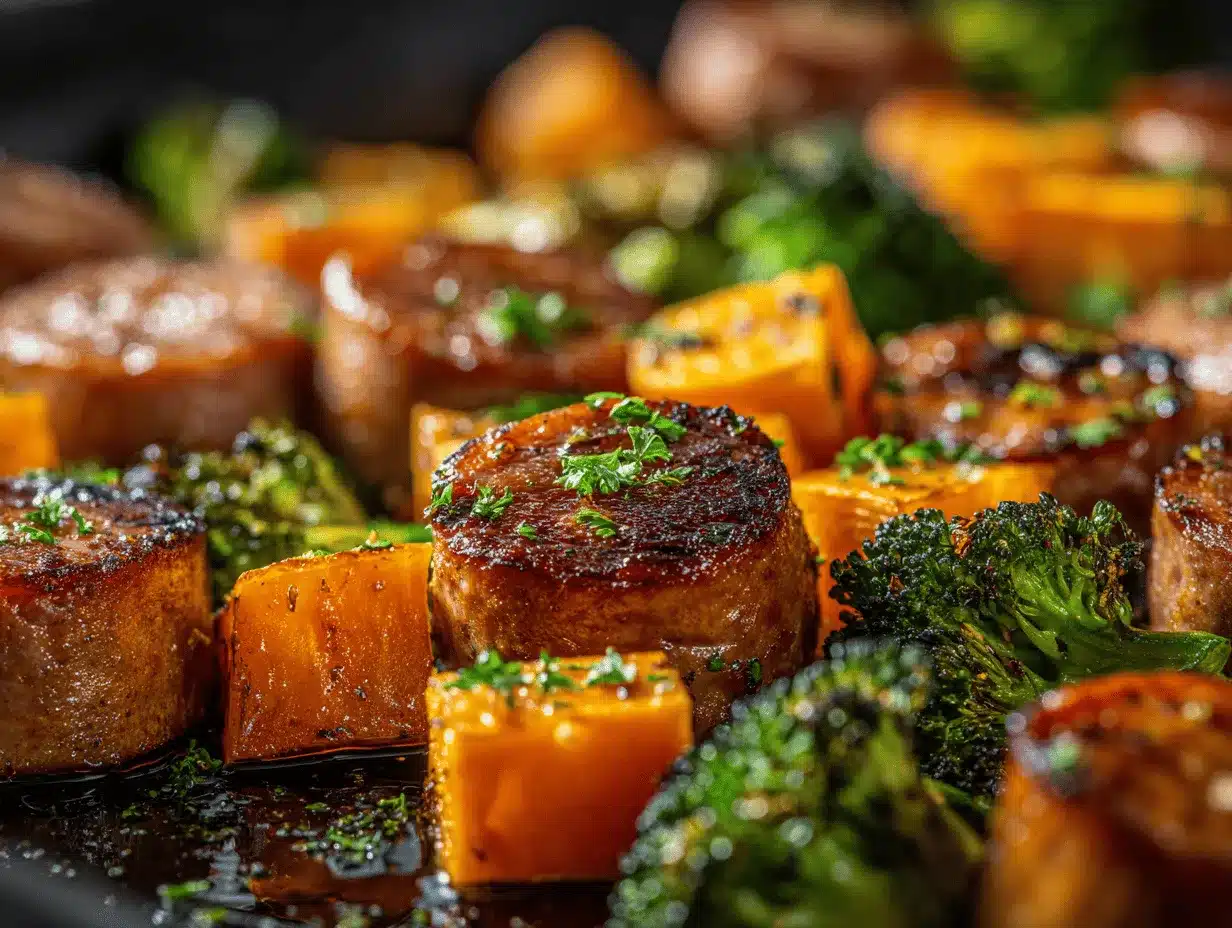 sheet pan sausage and sweet potatoes preparation steps