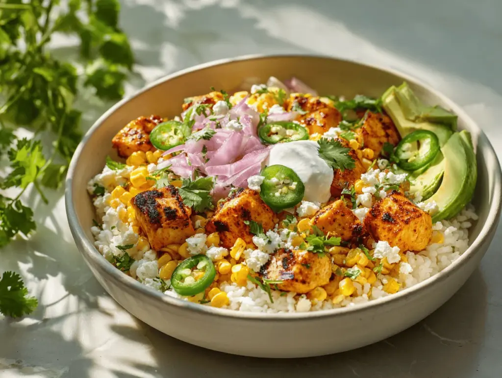 street corn chicken rice bowl - featured image