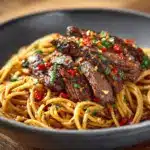 sweet and spicy garlic steak pasta - featured image