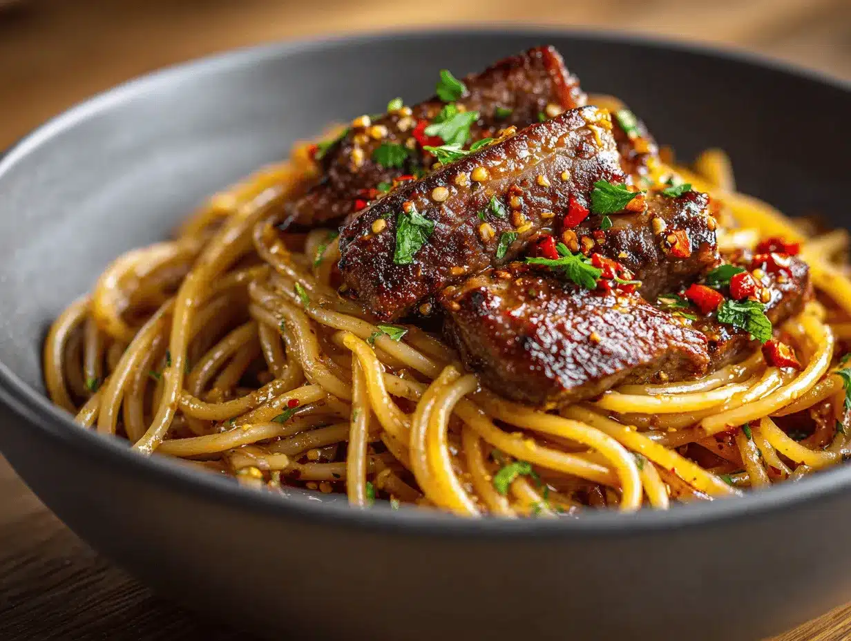 sweet and spicy garlic steak pasta preparation steps